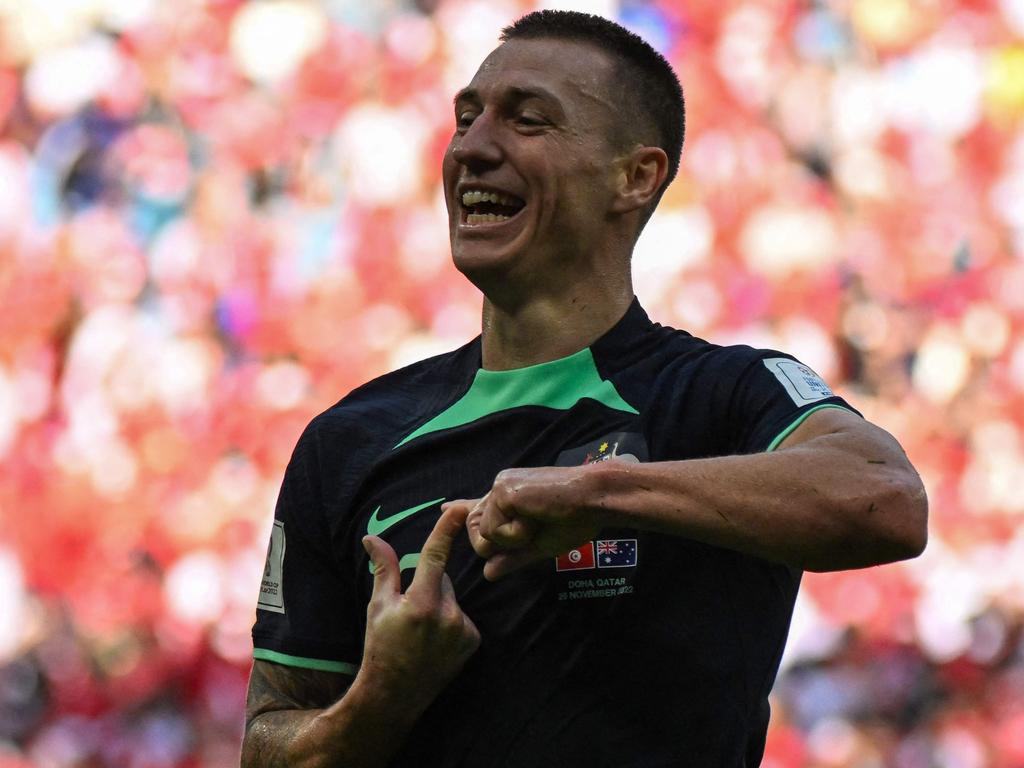 Mitchell Duke celebrates after scoring during the Qatar 2022 World Cup. Picture; AFP