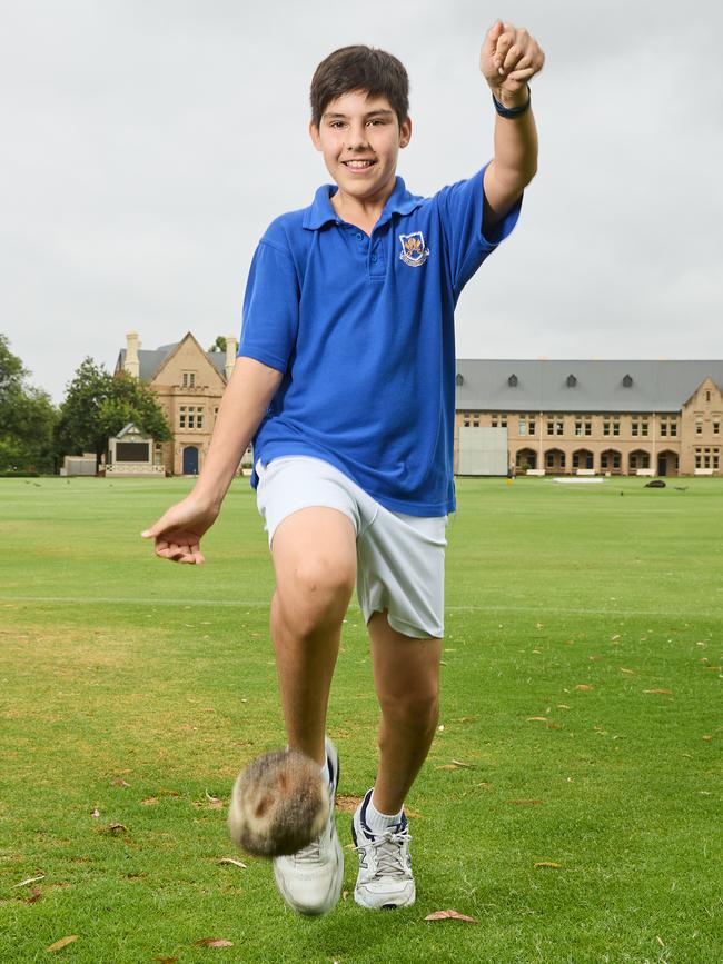 Student Oscar Kleinig, 13, kicking a Parndo ball. Picture: Matt Loxton