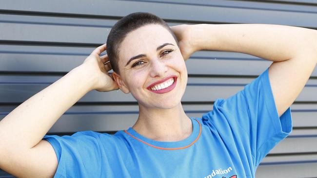 Gold Coast model turned teacher Henrietta Moore after her head was shaved for the Leukaemia Foundation. Picture: Tertius Pickard