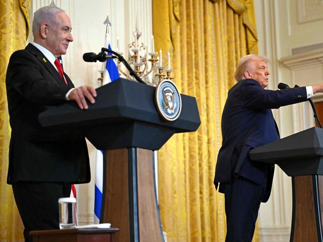 US President Donald Trump (right) and Israel's Prime Minister Benjamin Netanyahu take questions during a press conference in the East Room of the White House in Washington, DC. Picture: Andrew Caballero-Reynolds/AFP