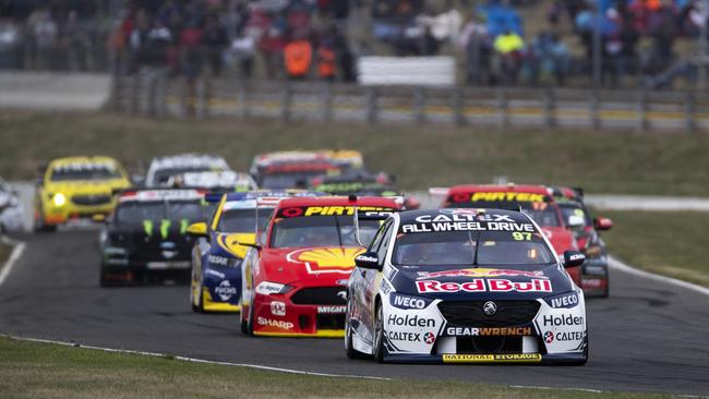 Shane van Gisbergen on his way to winning the Symmons Plains supercars round in 2019. He is undefeated so far this season. Picture: MARK HORSBURGH