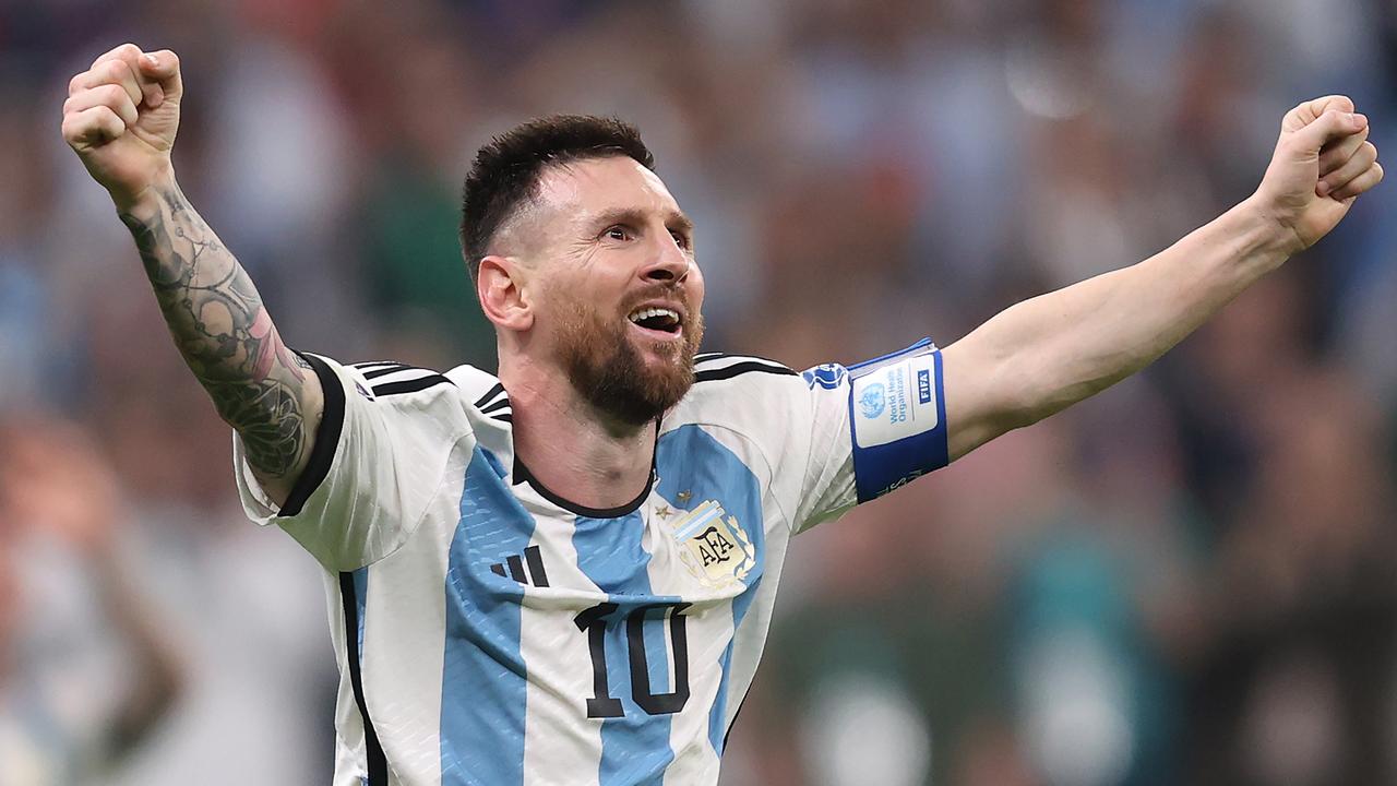 Lionel Messi of Argentina celebrates scoring their team's third goal during the FIFA World Cup Qatar 2022 Final. (Photo by Julian Finney/Getty Images)
