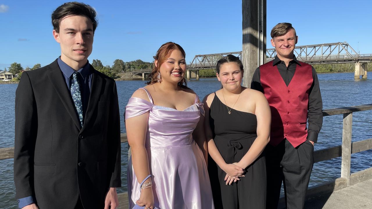 Martyn Taitumu, Kate Weatherall, Zenobia Hicklin and Dusk Burt-Perks. Year 12 Macksville High School formal on the banks of the Nambucca River, November 10, 2022. Picture: Chris Knight