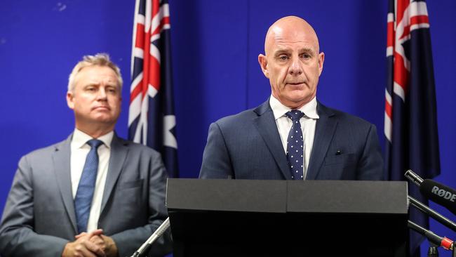 Premier Peter Gutwein, with Deputy Premier Jeremy Rockliff, announces Tasmanians will go to the polls on May 1. Picture: Zak Simmonds