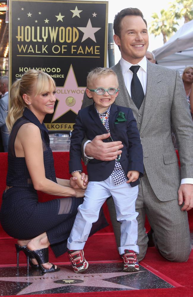 Anna Faris, son Jack Pratt and Chris Pratt at the Chris Pratt Walk Of Fame Star Ceremony in April 2017, two months before they announced their split. Picture: Jesse Grant/Getty Images for Disney/AFP