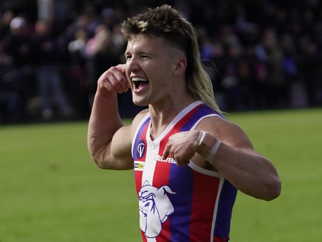 Thomas Baulch - Prime Train - celebrates a goal for Phillip Island. Picture: Supplied