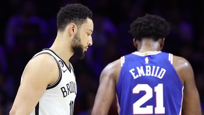 PHILADELPHIA, PENNSYLVANIA - JANUARY 25: Ben Simmons #10 of the Brooklyn Nets looks on during the third quarter against the Philadelphia 76ers at Wells Fargo Center on January 25, 2023 in Philadelphia, Pennsylvania. NOTE TO USER: User expressly acknowledges and agrees that, by downloading and or using this photograph, User is consenting to the terms and conditions of the Getty Images License Agreement. (Photo by Tim Nwachukwu/Getty Images)