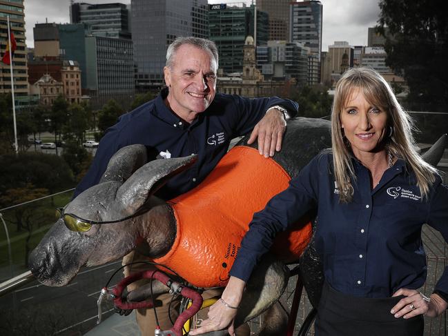 CYCLING - Tour Down Under announces the 2020 race routes. TDU Race Director Mike Turtur with race director pf the womens race - Kimberley Conte  standing next to Oppy. Picture SARAH REED