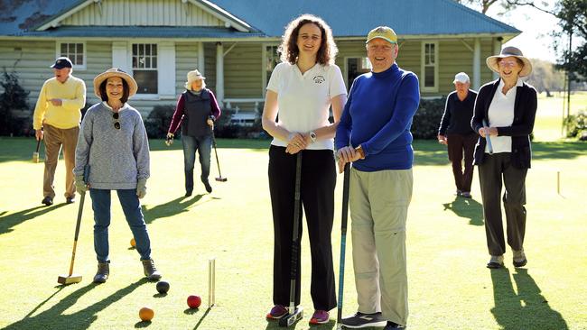 David Lynch, Sylvia Grosslight, Eve Ross, Emma Diamond, Rod Richardson, Robert Ross and Margaret Kaspura at Sydney Croquet Club in Bellevue Hill. Picture: Tim Hunter.