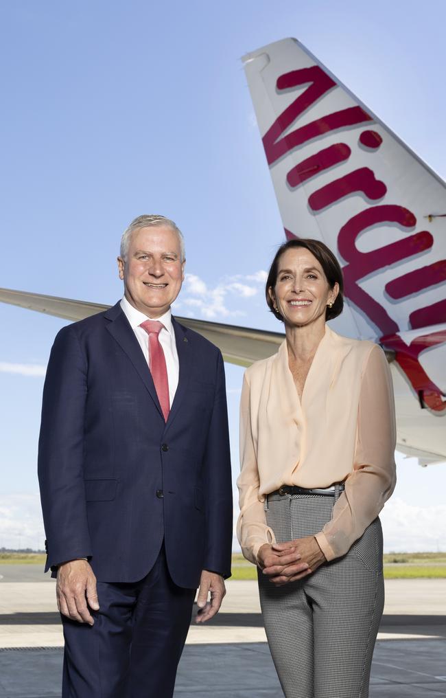 Deputy Prime Minister and Transport Minister Michael McCormack at Virgin Australia’s Brisbane hangar with Virgin CEO Jayne Hrdlicka. Picture: Sarah Marshall/NCA NewsWire