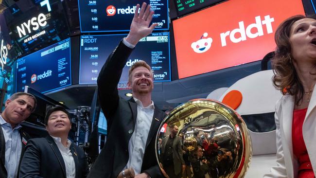 Reddit CEO Steve Huffman stands on the floor of the New York Stock Exchange. Picture: Spencer Platt/Getty