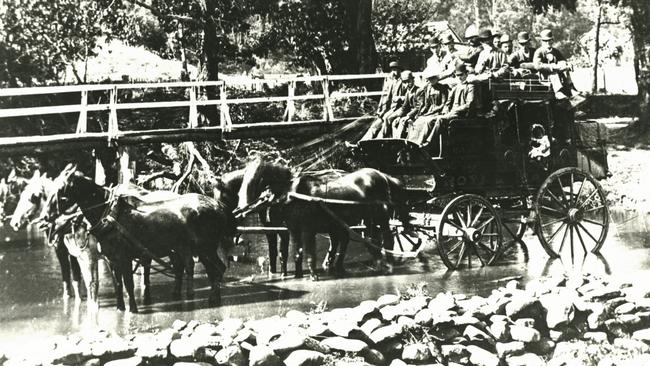 A coach crossing the Erskine River in the 1890s.