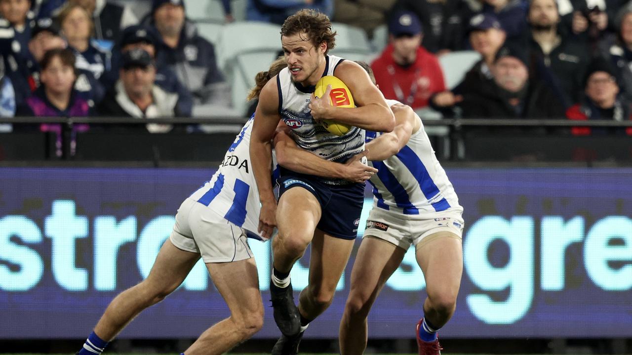 Jake Kolodjashnij will miss Geelong’s clash with Melbourne after sustaining a concussion against North Melbourne. Picture: Getty Images