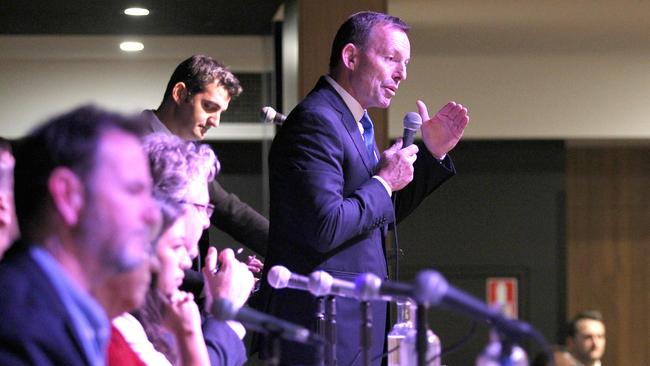 Tony Abbott addresses the audience from the stage at the Warringah and Mackellar election forum hosted by the Manly Daily.