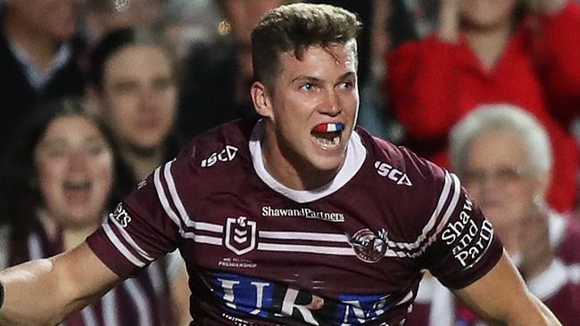 Manly's Reuben Garrick celebrates after scoring his third try during the Manly v Parramatta NRL match at Lottoland, Brookvale. Picture: Brett Costello