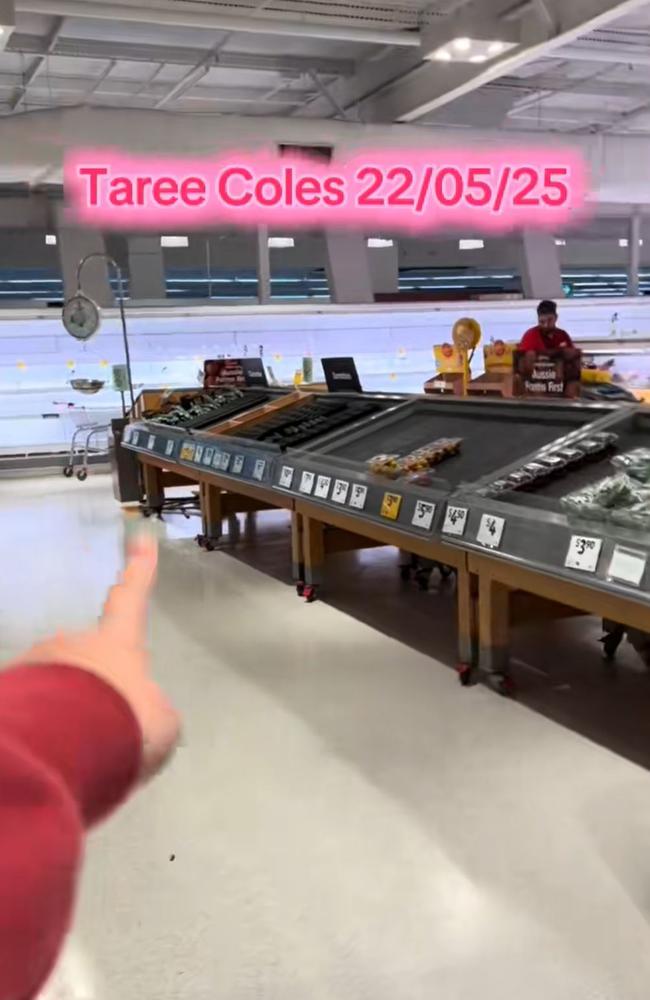 Supermarket shelves have been stripped bare in Taree amid the floods. Picture: TikTok/Meg Rawson