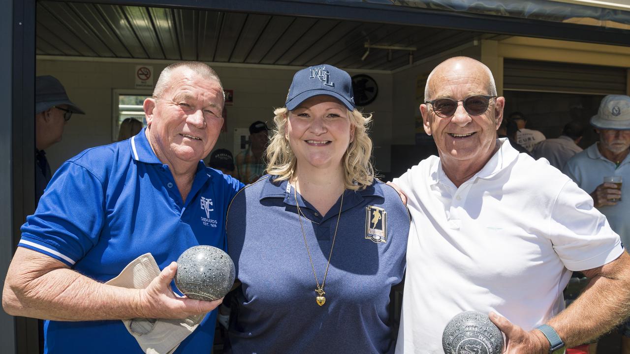 Men of League Foundation national wellbeing lead Roxanne Moates gets set to bowl with Alan Beauchamp (left) and Brian Rollinson at the bowls day at North Toowoomba Bowls Club, Friday, October 30, 2020. Picture: Kevin Farmer