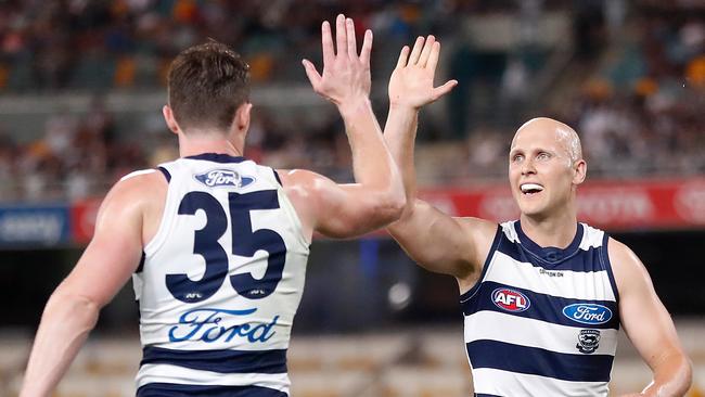 Dangerfield and Ablett celebrate a goal in the semi final against Collingwood.