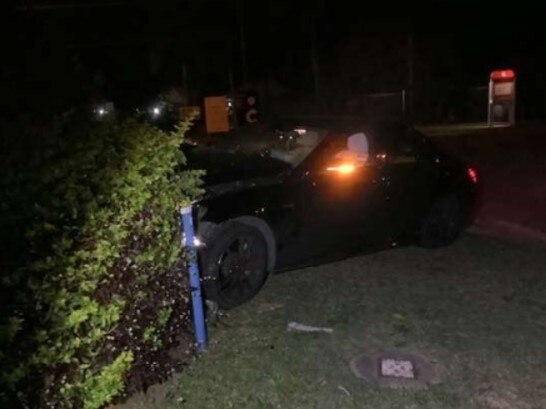 The allegedly stolen black Mercedes which crashed at Slacks Creek on Wednesday.