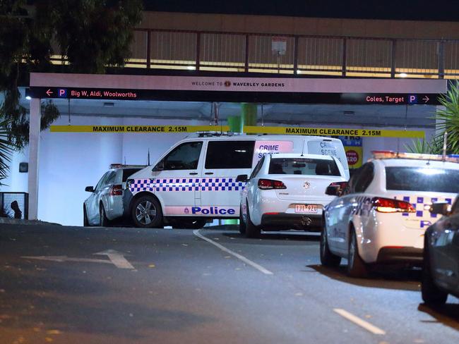 Police block the entrance to Waverley Gardens shopping centre’s carpark. Picture: Patrick Herve