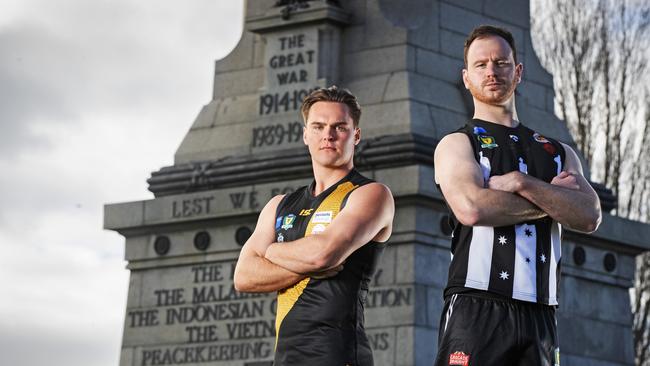 Tigers Kieran Lovell and Glenorchy Jame Deegan ahead of the Anzac Day clash. Picture Chris Kidd