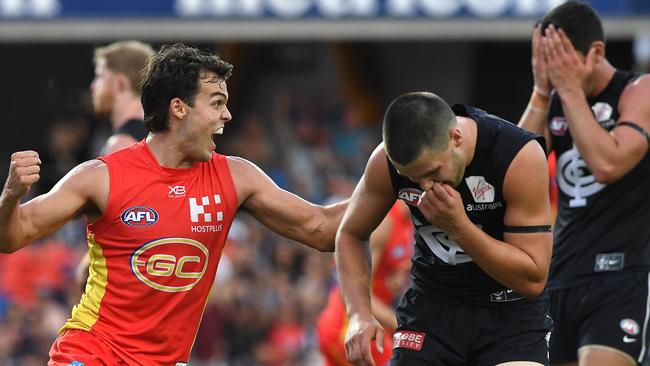 Jack Bowes of the Suns reacts after kicking the winning goal against Carlton. Picture: AAP Image/Dave Hunt