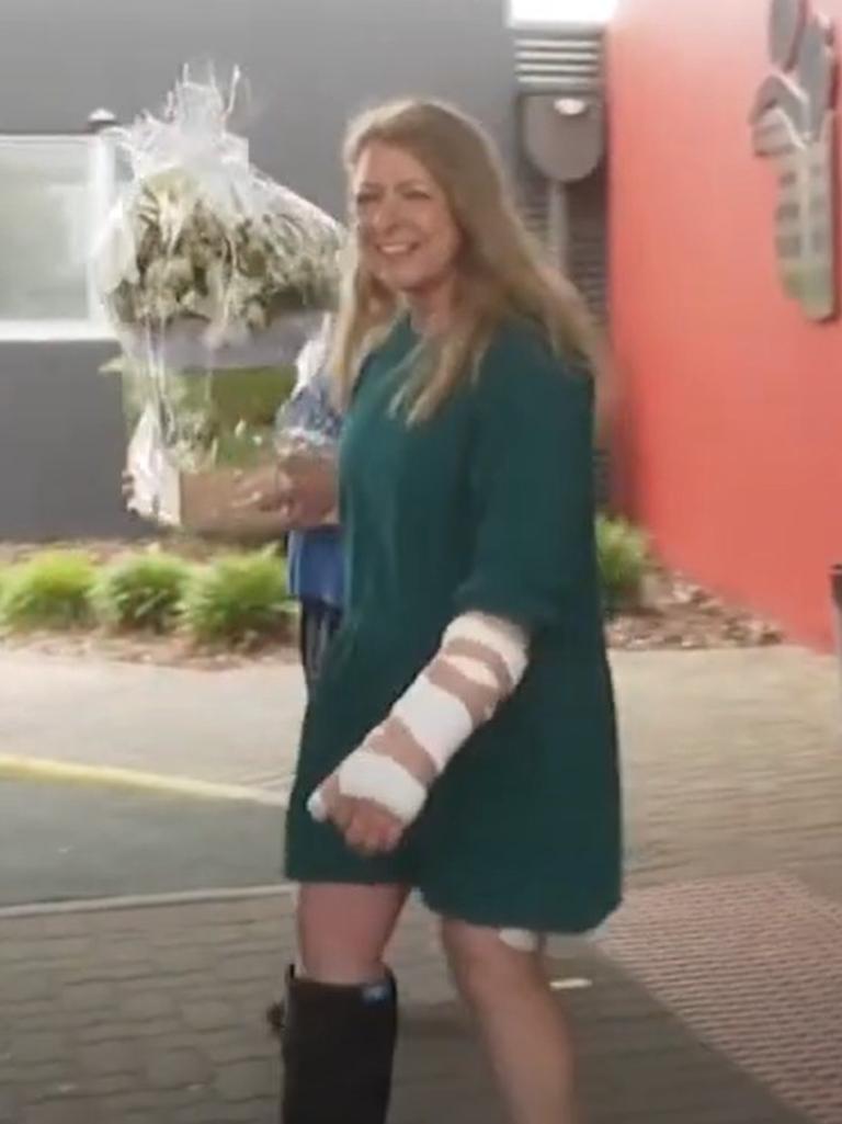 Pam Cook leaves Mount Gambier Hospital to continue her recovery after being attacked near the Beachport Jetty during her daily morning swim. Picture: 7NEWS Adelaide