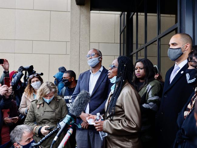 Community leaders speak to the media outside the Brooklyn Centre Police Station after a police officer shot and killed a Black man. Picture: AFP