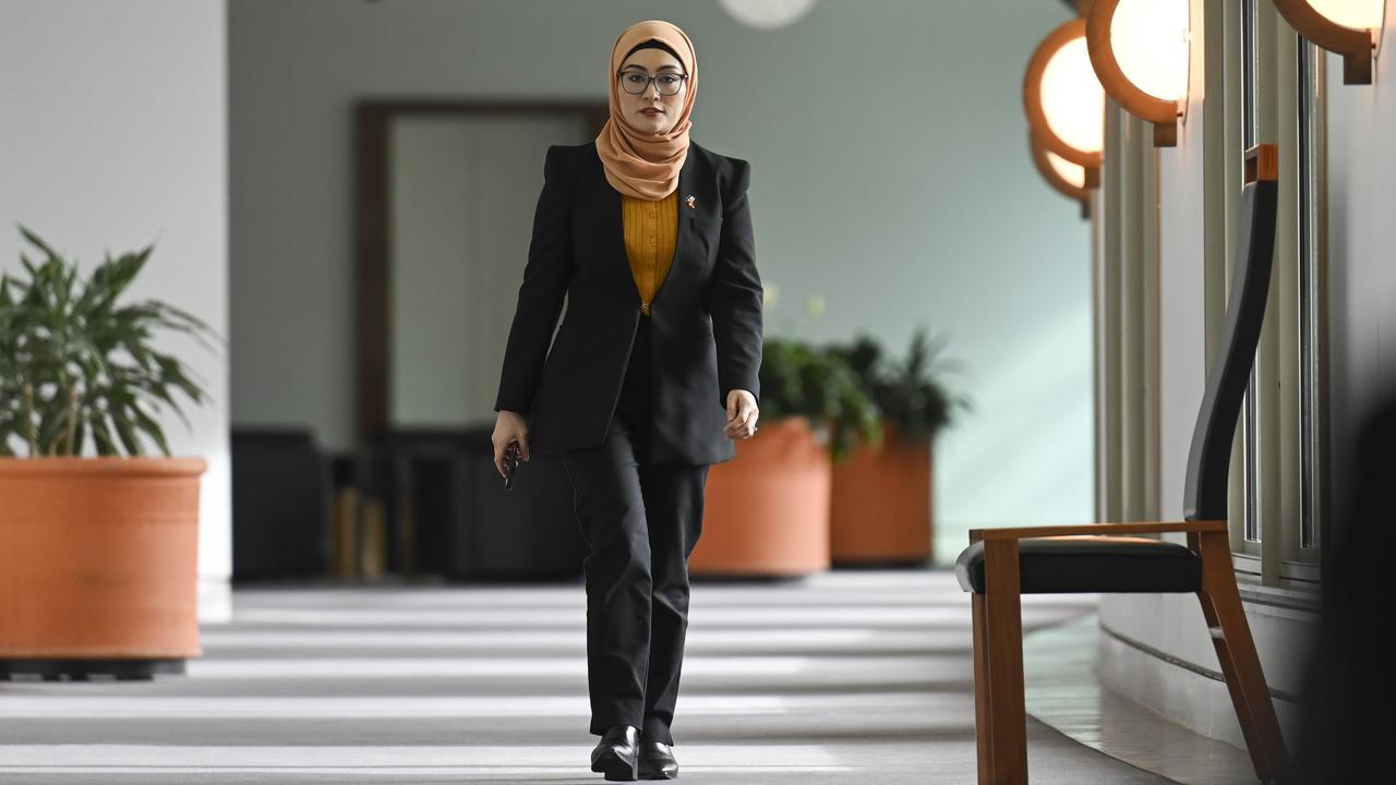 Senator Fatima Payman cut a lonely figure walking to her press conference announcing she was quitting the Labor Party. Picture: Martin Ollman