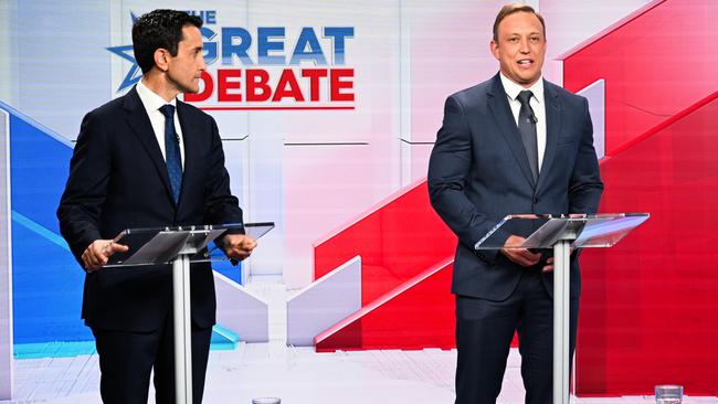 Premier Steven Miles (right) and Opposition David Crisafulli in their debate on Thursday night. Picture: Dan Peled/9News Queensland