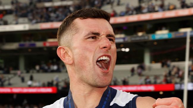 MELBOURNE, AUSTRALIA - SEPTEMBER 24: Mark OConnor of the Cats celebrates during the 2022 Toyota AFL Grand Final match between the Geelong Cats and the Sydney Swans at the Melbourne Cricket Ground on September 24, 2022 in Melbourne, Australia. (Photo by Michael Willson/AFL Photos via Getty Images)