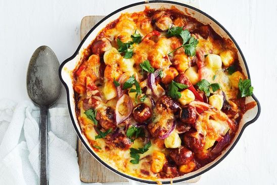 10-minute cheesy gnocchi and meatball bake recipe