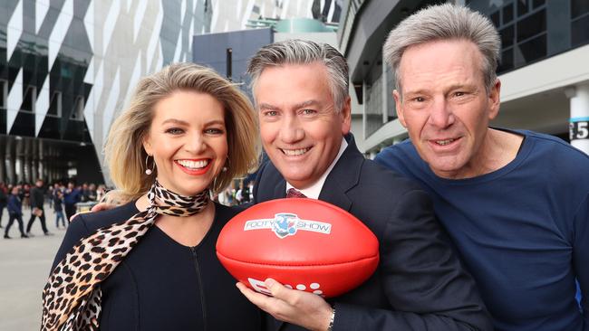 The new-look ‘Footy Show’ is hosted by Rebecca Maddern, Eddie McGuire and Sam Newman. Picture: Alex Coppel