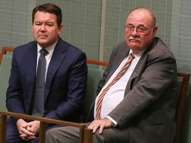 Senator Dean Smith and Warren Entsch while MP's speak on the Marriage Amendment (Definition and Religious Freedoms) Bill 2017 in the House of Representatives Chamber, at Parliament House in Canberra. Picture Kym Smith