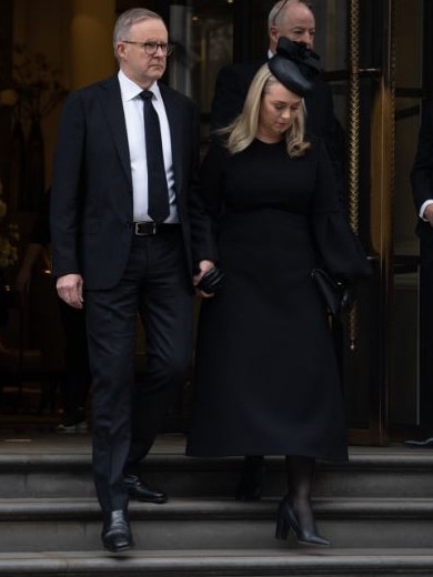 Ms Haydon wore a version of Karen Gee’s Leader dress - accessorised with a pillbox hat - to the Queen’s funeral. Picture: Twitter/Anthony Albanese