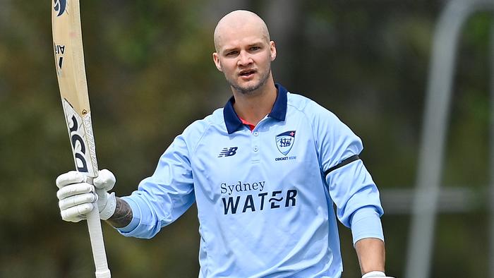 SYDNEY, AUSTRALIA - SEPTEMBER 22: Josh Philippe of the Blues celebrates after reaching their century during the ODC match between New South Wales and Western Australia at Cricket Central, on September 22, 2024, in Sydney, Australia. (Photo by Izhar Khan/Getty Images)