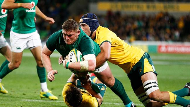 Tadgh Furlong barges over for an Irish try. (Photo by Daniel Pockett/Getty Images)