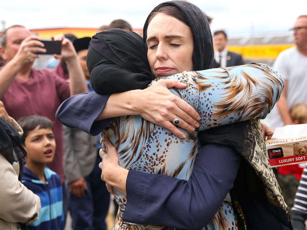 Prime Minister Jacinda Ardern hugs a mosque-goer at the Kilbirnie Mosque on March 17, 2019 in Wellington, New Zealand, two days after the Christchurch attack. Picture: Hagen Hopkins/Getty Images.