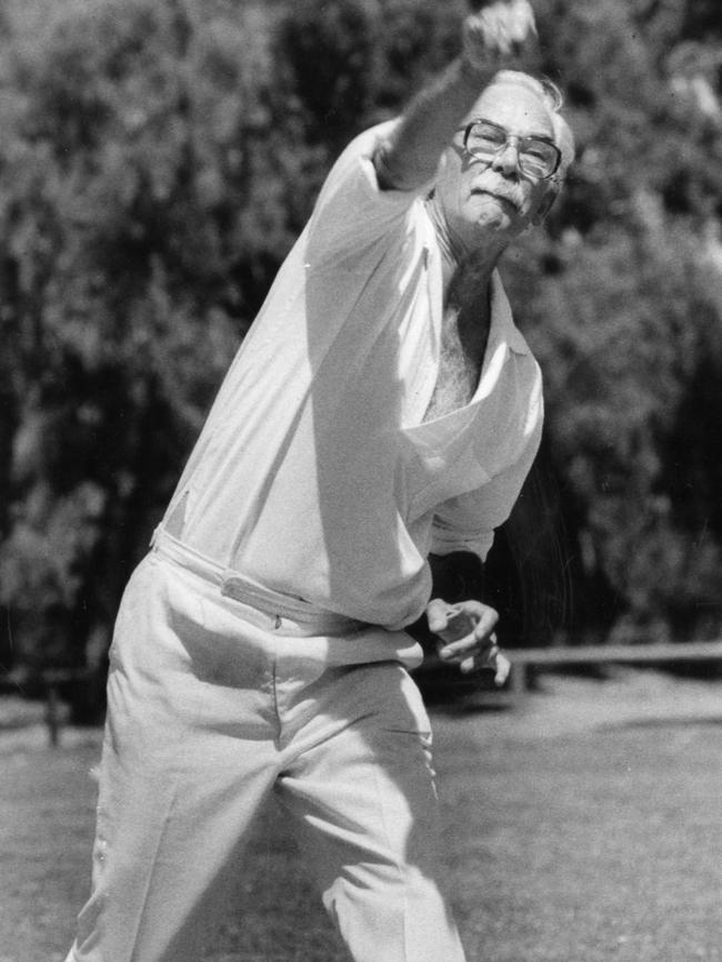 Dr Donald Beard, playing Adelaide Turf cricket for SPOC (Saint Peter's Old Collegians) Division XIII, aged 60, 1985.