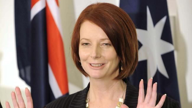 Prime Minister elect Julia Gillard holds a press conference in the party room in 2010.