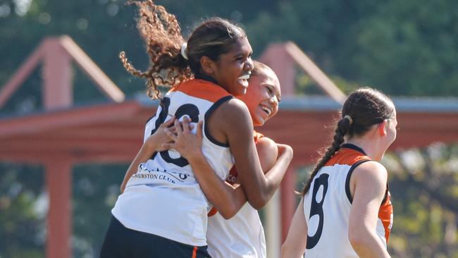The Northern Territory under-18s girls side in their impressive curtain raiser win against Cairns. Picture: Celina Whan / AFLNT Media