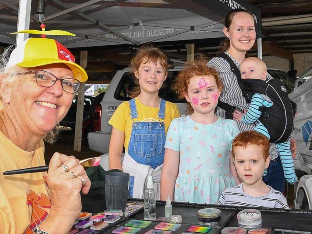 Face painting at the Lismore Show from left: Donna Walker aka Spotty girl, with Mum Michelle Breeze and her four kids, Xylo, Ellora, Azaiah and Lylah. Picture: Cath Piltz