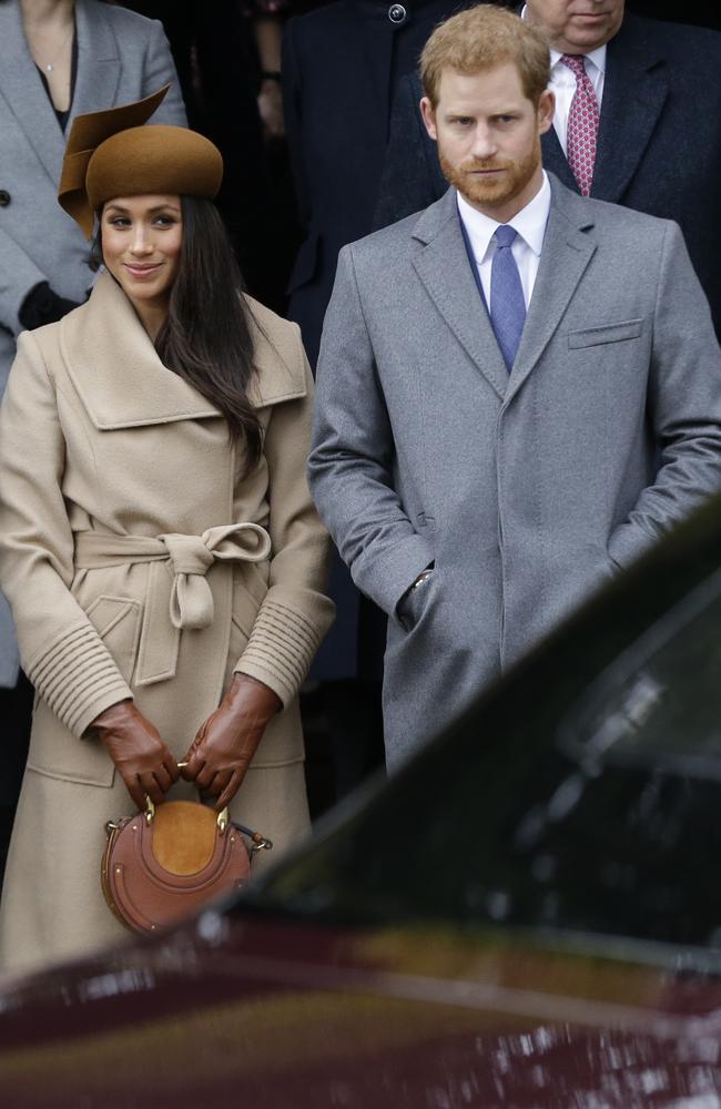 Meghan Markle waits with Prince Harry at St. Mary Magdalene Church in Sandringham, England. Picture: AP