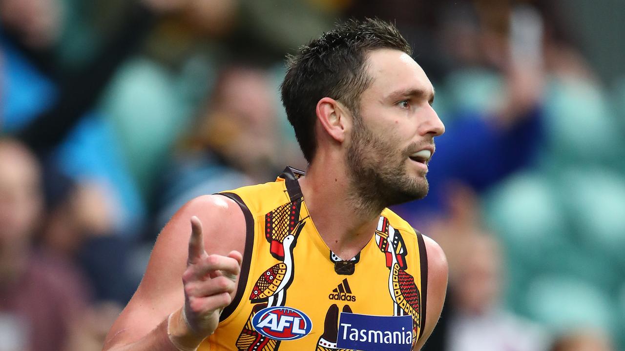 Jack Gunston of the Hawks celebrates after kicking a goal during the round 10 match. Picture: Scott Barbour/Getty Images