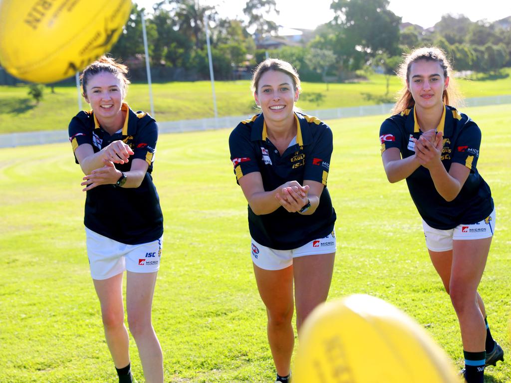 L-R East Coast Eagles Womens Premier Division players Bre Dannellan 25, Jordan Roughan 20 and Brenna Tarrant 17 pose for photographs in Baulkham Hills. Baulkham Hills, Thursday, December 6th 2018. The East Coast Eagles AFL club have joined the Sydney Women's Premier Division competition for 2019. (AAP IMAGE/ Angelo Velardo)