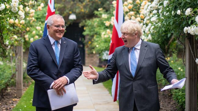 Boris Johnson, right, and Scott Morrison in the garden of 10 Downing Street, London, on Tuesday. Picture: Getty Images