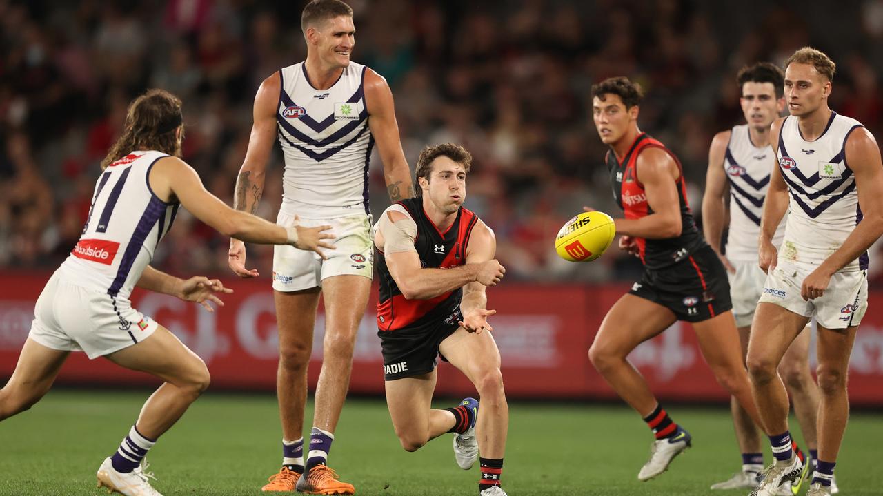 Andrew McGrath fires out a handpass on Sunday. Picture: Robert Cianflone/Getty Images