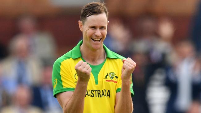 Jason Behrendorff celebrated a five-wicket haul against England. Picture: AFP