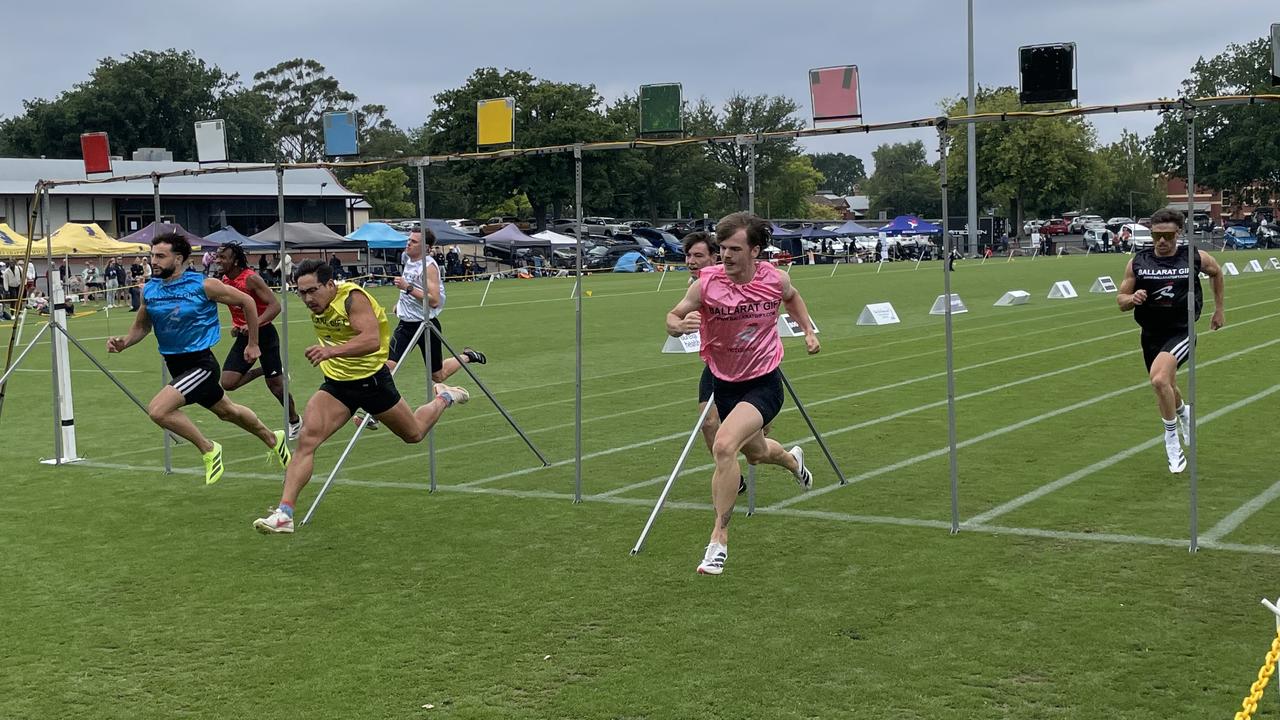 Hugh Hoffmann (pink) wins his semi-final at the Ballarat Gift. Picture: Shane Jones.