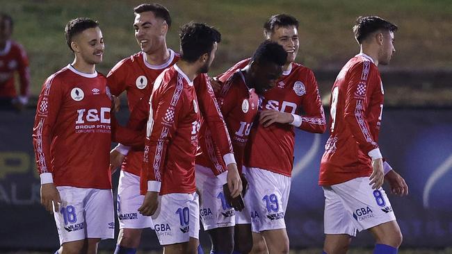 Mohammed Sumaoro celebrates scoring for Melbourne Knights. Picture: Daniel Pockett